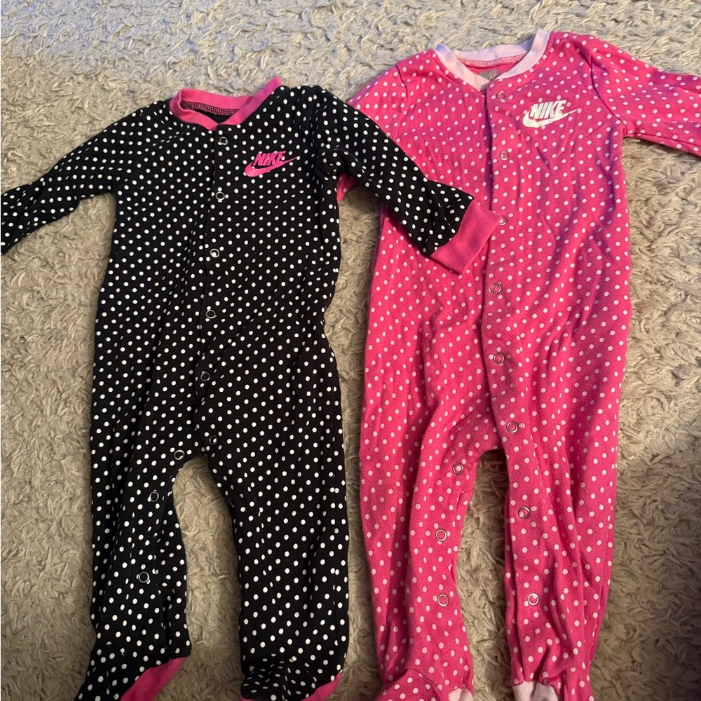 Nike 9 Month One Piece Footies - Black and Pink Polka Dot